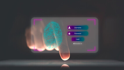 finger pointing on screen to access the system , futuristic digital processing of biometric identification fingerprint scanner, concept of surveillance and security scanning of digital programs cyber.