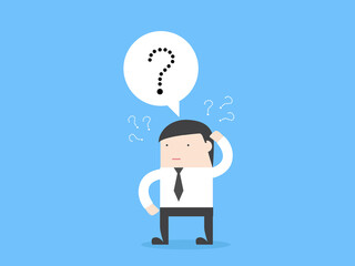 Businessman don’t understand with question mark in speech bubble sign. Concept of bad communicate, office problem, talking confused, explain not clear. cartoon illustration.