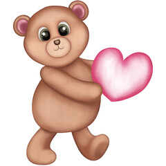 Valentine’s Day with Teddy Bear and Pink Heart.Watercolor illustration.Valentine’s Day,Wedding invitations,Cards,Wall art, Stationery,Baby shower,etc.