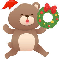 Cute baby bear character mascot with christmas wreath, celebrating christmas, vector cartoon style