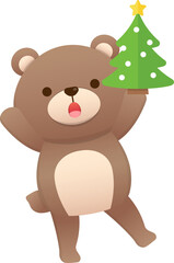 Cute baby bear character mascot with christmas tree, celebrating christmas, vector cartoon style