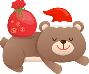 Cute baby bear character mascot with gift bag and santa hat, celebrating christmas, vector cartoon style
