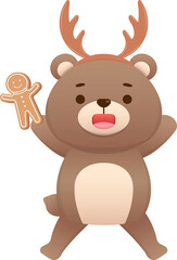 Cute baby bear character mascot with antlers dressed up with headband with gingerbread man, celebrating christmas, vector cartoon style