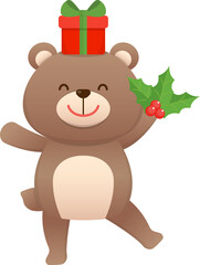 Cute baby bear character mascot with christmas tree, celebrating christmas, vector cartoon style