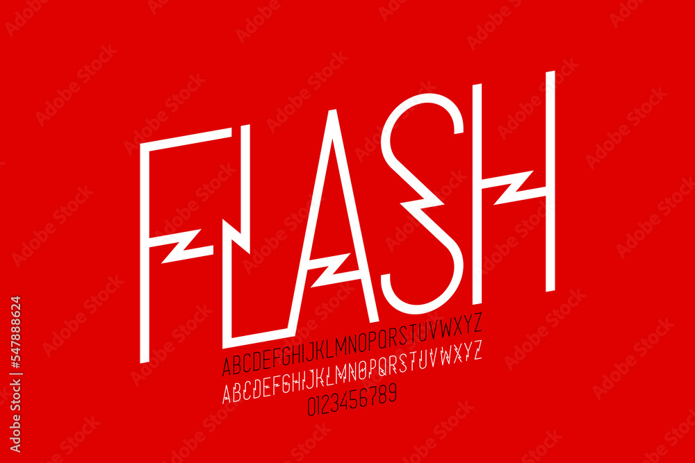 Poster lightning flash style font, alphabet letters and numbers vector illustration