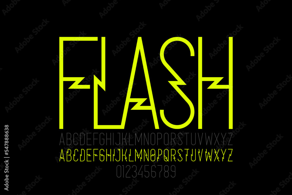 Fototapete lightning flash style font, alphabet letters and numbers vector illustration