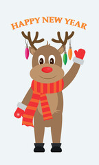 Illustration of a cute deer with New Year's attributes with boots and mittens on the horns Christmas toys with a wish for a happy new year.