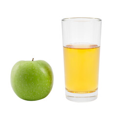 Glass of apple juice and green apple fruit isolated on a white background
