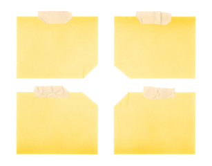 yellow sticky notes with tape strips on transparent background, extracted, png file	