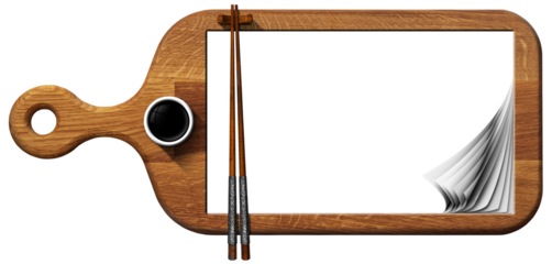 Background for a Sushi Menu. Wooden cutting board with empty white curled pages, two wooden chopsticks, and a bowl of soy sauce. Isolated on white or transparent background, png.