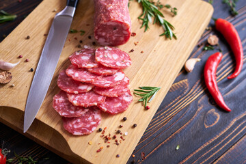 Traditional salami sausage on wooden cutting board with spices