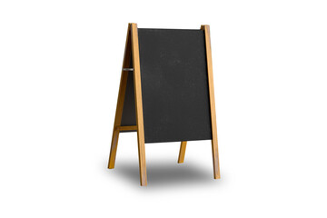 Wooden chalkboard A-frame sign mockup isolated.Blank outdoor advertising stand sandwich board.Clear street signage board placed by an outdoor dinning area of a restaurant.3d rendering.