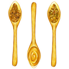 Watercolor illustration with wooden spoons with honey, pollen and honeycombs. On a white background, isolate.