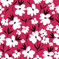 Cute floral pattern. Seamless vector texture. An elegant template for fashionable prints. Print with white flowers . black  leaves. pink background.
