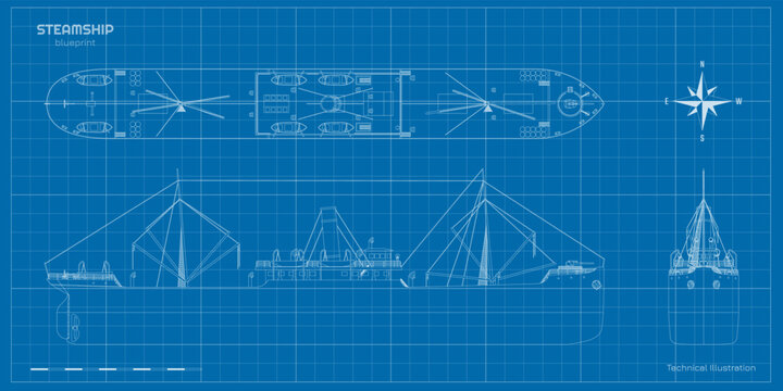 Outline steamer drawing. Contour steamship industrial blueprint. Old ship view top, side and front. Steamboat document. Industry vehicle.