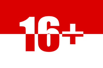 Obraz premium Sixteen plus. Numbers 16+. Caution sign, age limit. Colorful typography banner with numerals. Art lettering, creative red font. Rubric concept. Minimal design.