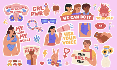 Set of feminist and body positive stickers with motivation quotes. Women empowerment, self acceptance, gender equality. Hand drawn vector illustration isolated on pink background. Flat cartoon style - obrazy, fototapety, plakaty