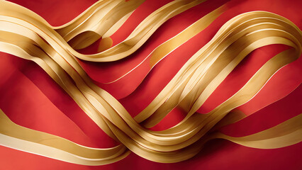 Abstract Christmas wallpaper with moving glossy red and gold lines. Background Xmas texture with wavy movements for graphic design, banner, illustration. 3D rendering