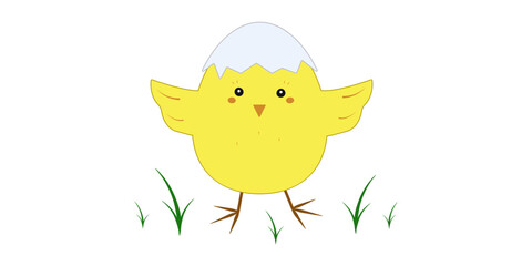 A cute yellow chicken on the grass with a shell on its head. Vector illustration.