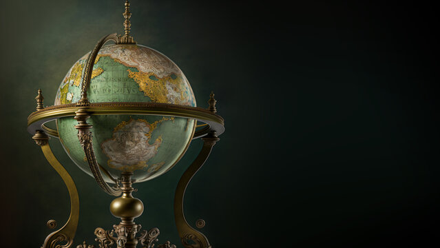 detailed old green globe with a golden frame, space for text, dark background, generative ai