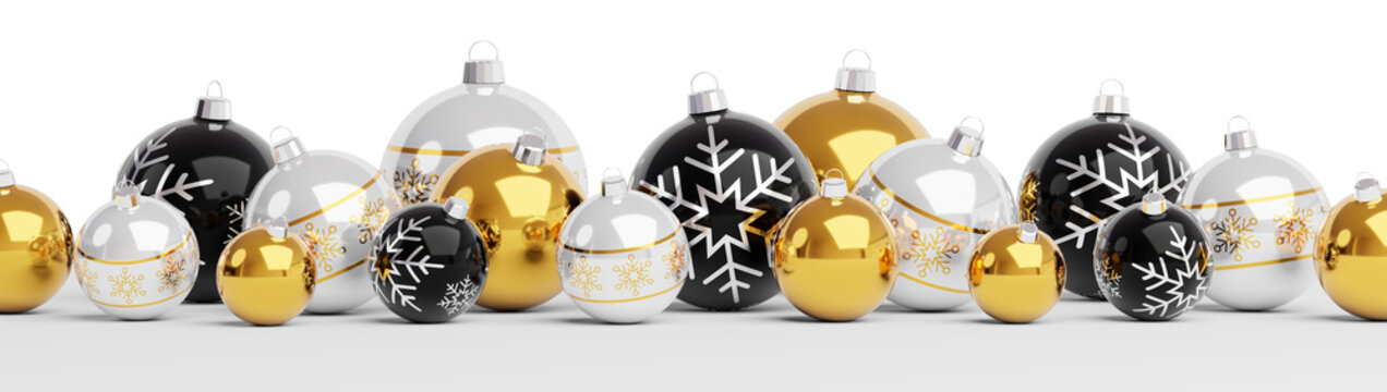 Isolated glossy christmas decoration lined up on white. 3D rendering gold shiny baubles ornaments. Merry Xmas cut out background