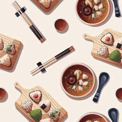 Fototapeta na wymiar Seamless pattern with Miso soup and onigiri. Japanese food, healthy eating, cooking, menu concept. Vector illustration.