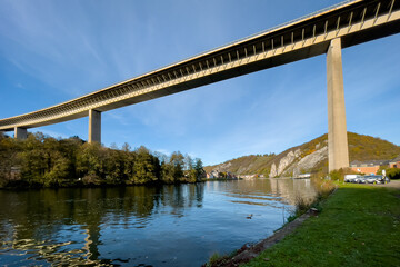 Fototapeta na wymiar Low angle view of the Charlemagne route bridge in Dinant