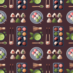 Seamless pattern with colorful Sweet Mochi, dango, matcha tea, onigiri. Japanese food, healthy eating, cooking, menu, sweet food, dessert concept. Vector illustration. 