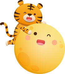 Cute character or mascot of cute tiger and moon, Asian festival mid-autumn festival elements