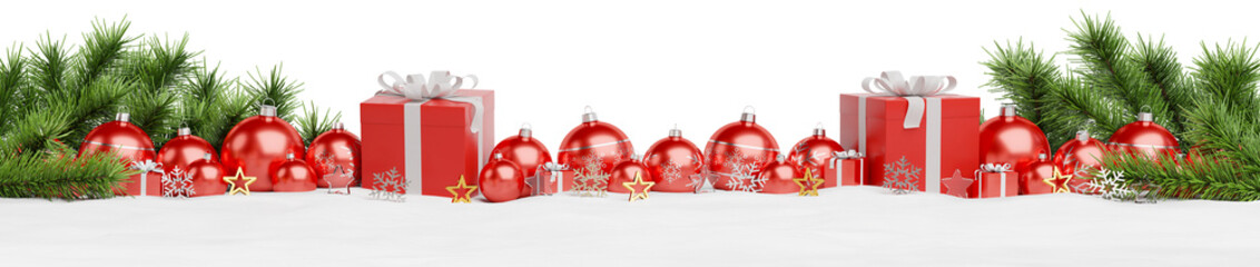 Isolated glossy christmas decoration lined up on white. 3D rendering red shiny baubles ornaments. Gifts with bows and glossy golden stars. Merry Xmas cut out background - 547892619