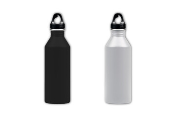 White and back glossy metal water bottle with black bung. 500 ml. Photorealistic packaging mockup template. Front view, 3d rendering.