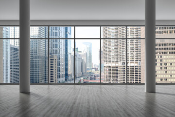 Fototapeta premium Downtown Chicago City Skyline Buildings from Window. Beautiful Expensive Real Estate. Epmty office room Interior Skyscrapers, River walk, bridge, waterfront view. Cityscape. Day time. 3d rendering.