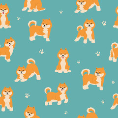 Seamless pattern with cute shiba inu dogs. Funny japanese smiling animals. Hand drawn vector illustration isolated on blue background. Modern flat cartoon style.