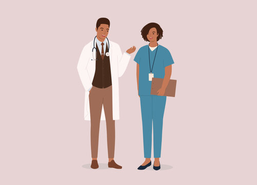 Smiling Black Male Doctor In Lab Coat And Stethoscope Talking With A Female Nurse In Medical Scrubs With Name Tag And Clipboard. Full Length. Flat Design Style, Character, Cartoon.