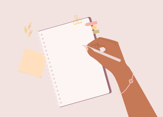 Black Female’s Hand With Pen Writing On Notebook With Blank Empty White Page. Close-Up. Flat Design, Character, Cartoon.