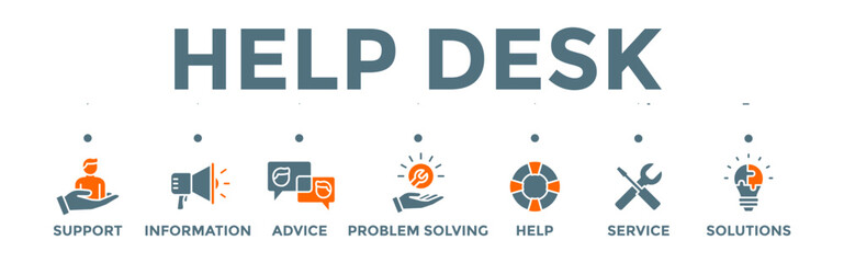 Help desk icon banner web illustration with support, information, advice, problem solving, help, service and solutions icons