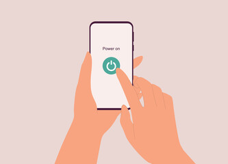 A Person’s Hand Turning On The Mobile Phone. Power On. Switch On. Close-Up. Flat Design, Character, Cartoon.
