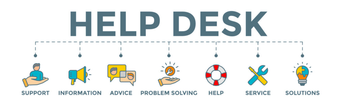 Help desk icon banner web illustration with support, information, advice, problem solving, help, service and solutions icons