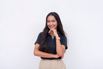 An attractive young female entrepreneur looking at the camera with her hand on her chin. A reliable and competent employee in smart casual clothes. Isolated on a white background.