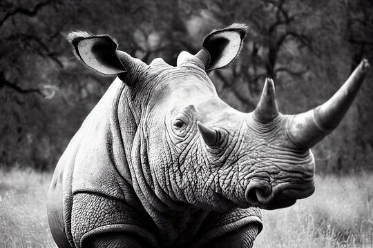 Head Of Large Rhinoceros With Narrow Eyes And Small Folds And Wrinkles On Skin