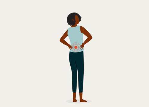 Young Black Woman Holding Her Back In Pain. Full Length. Flat Design, Character, Cartoon.