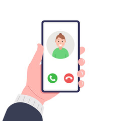 Male hand holds smartphone with incoming call from his girlfriend. Vector.