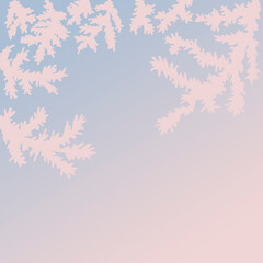 A delicate frame for a winter holiday with fluffy light spruce branches. Traditional Christmas and New Year decoration in a pink-azure gradient. Elegant background for a cozy greeting card or banner.