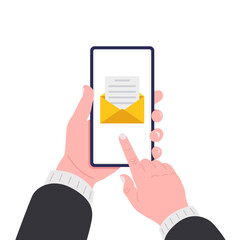 Male hand holding smartphone with e-mail envelope message on phone screen. Vector illustration.