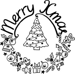 Merry Christmas black and white card with hand drawn lettering and doodle items. Winter Holiday vector isolated background. Christmas wreath made of festive decorations