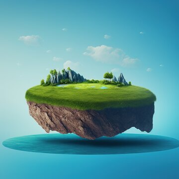 3d floating rock island with sky and clouds isolated on surrel cyan blue dusk background. generative ai