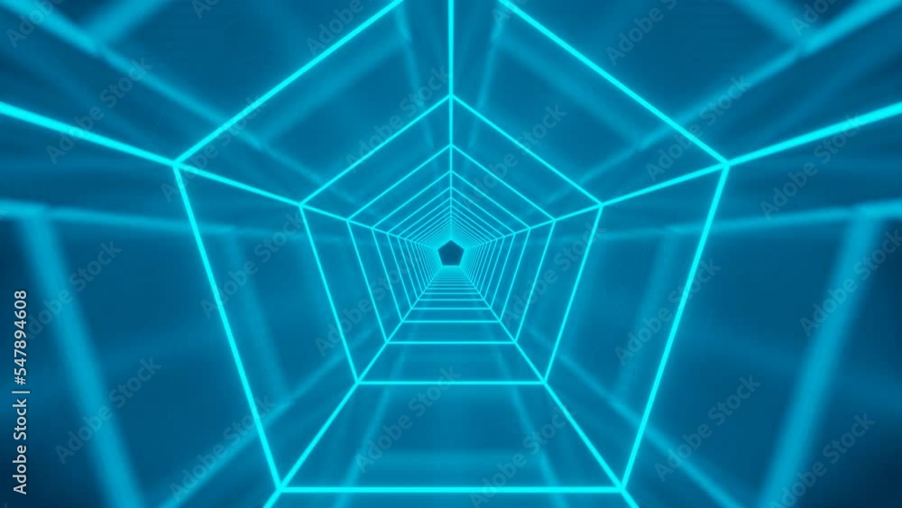 Poster mirror tunnel with blue neon glowing lines. seamless loop animation with neon glowing lights. 3d ren