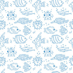 Fish doodles pattern. Sea seamless vector illustration. Cute blue hand drawn fish on white background