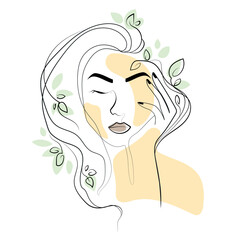 Woman face simple line drawing vector illustration.Abstract aesthetict.Face drawing with hairstyle with boanic elements in hair.Fashion and beauty concept,minimalist art.Female abstract portrait