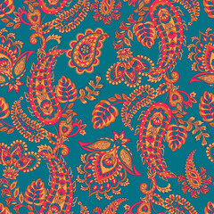 Fototapeta na wymiar Floral fabric background with paisley ornament. Seamless vector pattern